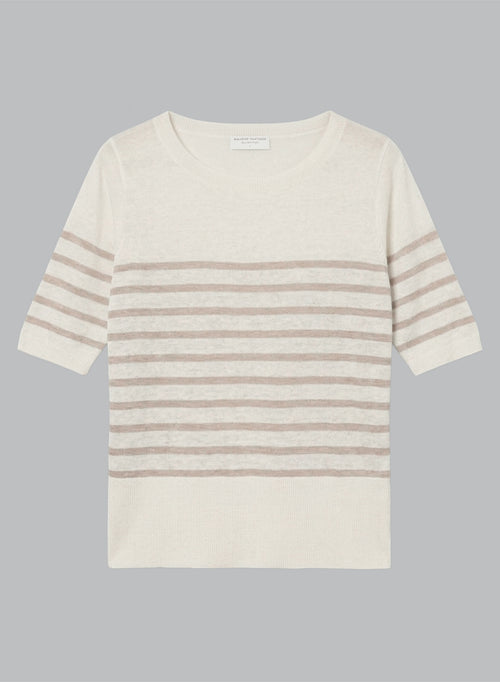 Jersey rayado en color desierto con cuello redondo y mangas codos de lino - MAJESTIC FILATURES