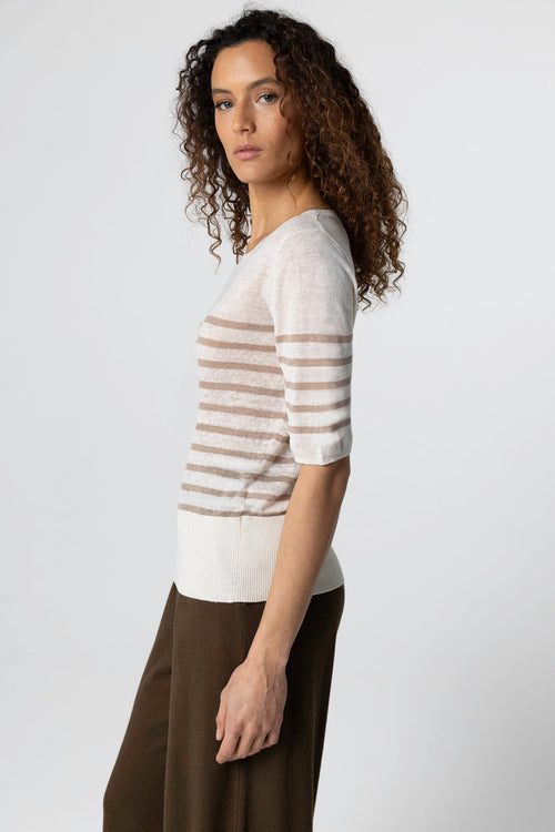 Striped desert sweater with round neck and elbow sleeves in linen - MAJESTIC FILATURES