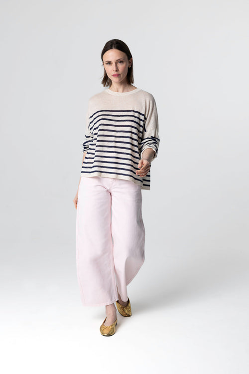 Blue Moon striped crew neck sweater with long sleeves in linen - MAJESTIC FILATURES