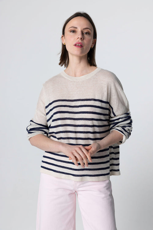 Blue Moon striped crew neck sweater with long sleeves in linen - MAJESTIC FILATURES