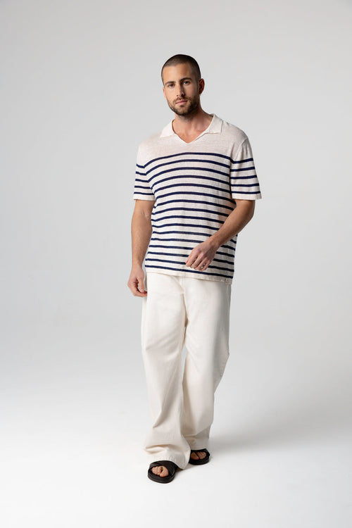 Blue Moon Polo Shirt with White Stripes Short Sleeves in Linen - MAJESTIC FILATURES