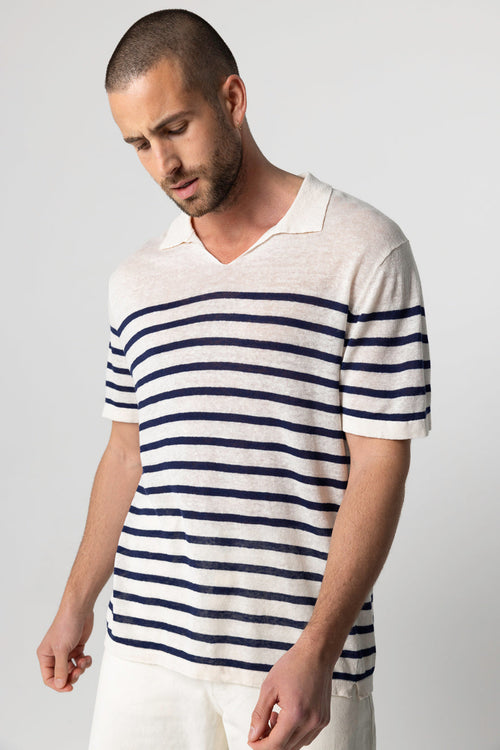 Blue Moon Polo Shirt with White Stripes Short Sleeves in Linen - MAJESTIC FILATURES