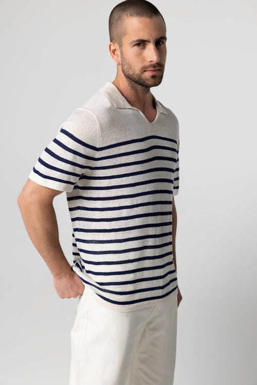 Blue Moon Polo Shirt with White Stripes Short Sleeves in Linen - MAJESTIC FILATURES