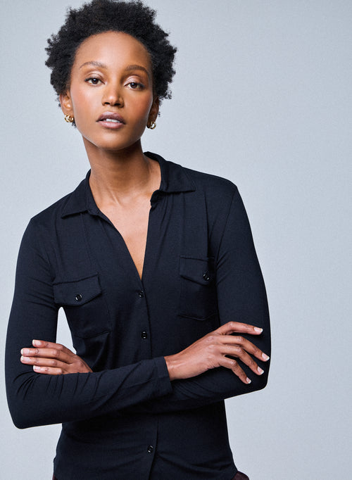 Chemise Noire Anna 2 poches en Viscose et Élasthanne - MAJESTIC FILATURES