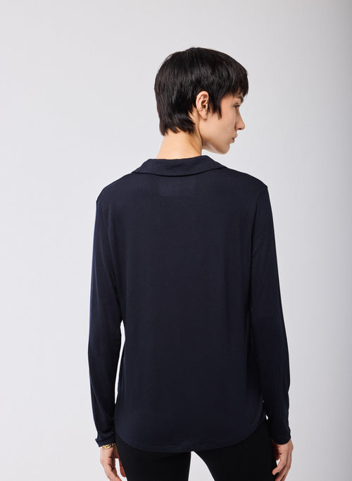Navy Long Sleeve Shirt in Viscose and Elastane - MAJESTIC FILATURES