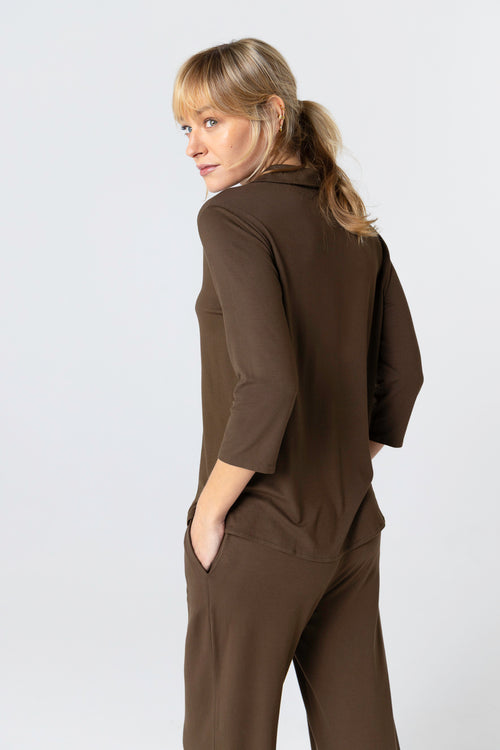 Chemise Marron Foncé Manches 3/4 en Viscose / Elasthanne - MAJESTIC FILATURES