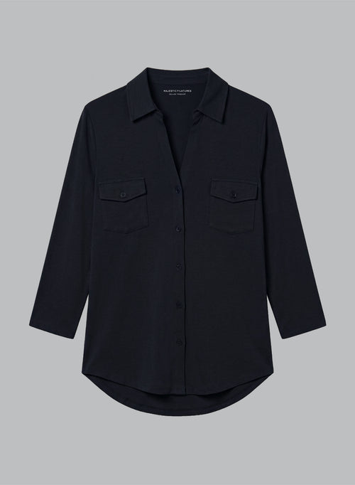 Camisa azul marino de manga tres cuartos de viscosa/elastano - MAJESTIC FILATURES