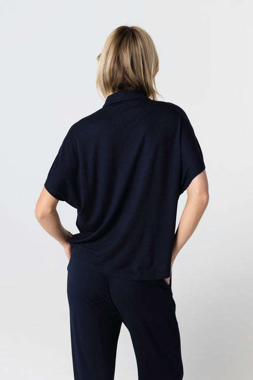 Camisa azul marino de manga corta en viscosa/elastano - MAJESTIC FILATURES