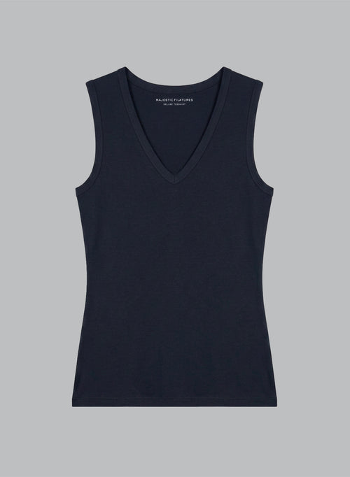 Ärmelloses Tanktop mit V-Ausschnitt aus Viskose/Elasthan in Marineblau - MAJESTIC FILATURES
