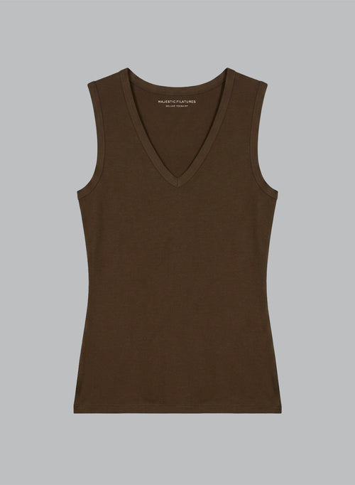 Ärmelloses Tanktop mit V-Ausschnitt aus Viskose/Elasthan in Tonka - MAJESTIC FILATURES