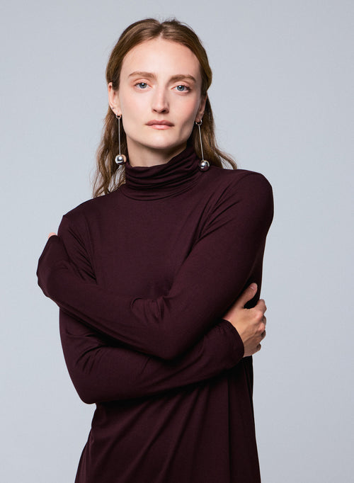 Purple Viscose / Elastane Long Sleeve Turtleneck Dress - MAJESTIC FILATURES