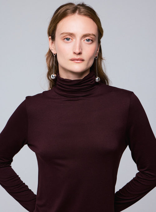 Purple Viscose / Elastane Long Sleeve Turtleneck Dress - MAJESTIC FILATURES