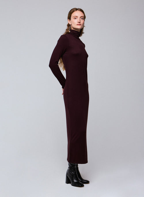 Purple Viscose / Elastane Long Sleeve Turtleneck Dress - MAJESTIC FILATURES