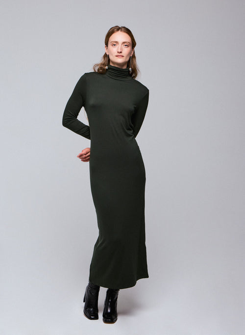 Robe Verte Col Roulé Manches Longues en Viscose / Elasthanne - MAJESTIC FILATURES