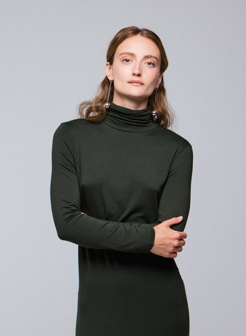 Green turtleneck dress with long sleeves in viscose / elastane - MAJESTIC FILATURES