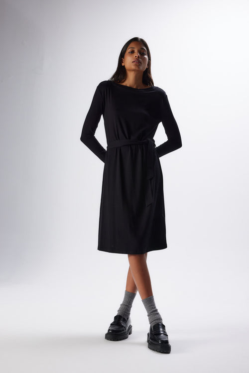 Black Boat Neck Long Sleeve Dress in Viscose and Elastane - MAJESTIC FILATURES
