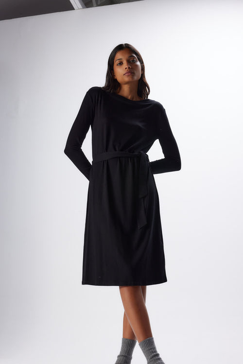 Black Boat Neck Long Sleeve Dress in Viscose and Elastane - MAJESTIC FILATURES
