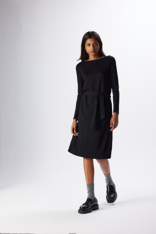 Black Boat Neck Long Sleeve Dress in Viscose and Elastane - MAJESTIC FILATURES