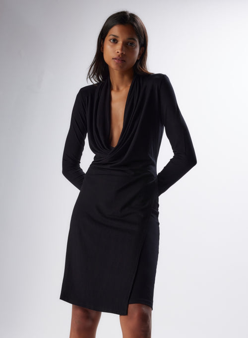 Vestido negro©con cuello de manga larga en viscosa y elastano - MAJESTIC FILATURES