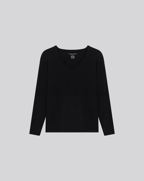 T-shirt Noir Col V Manches Longues en Viscose / Elasthanne - MAJESTIC FILATURES