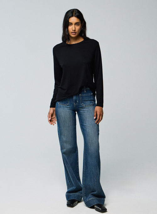 T-shirt Noir Col Rond Manches Longues en Viscose / Elasthanne - MAJESTIC FILATURES