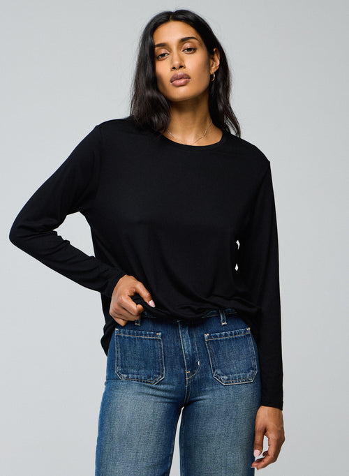 T-shirt Noir Col Rond Manches Longues en Viscose / Elasthanne - MAJESTIC FILATURES