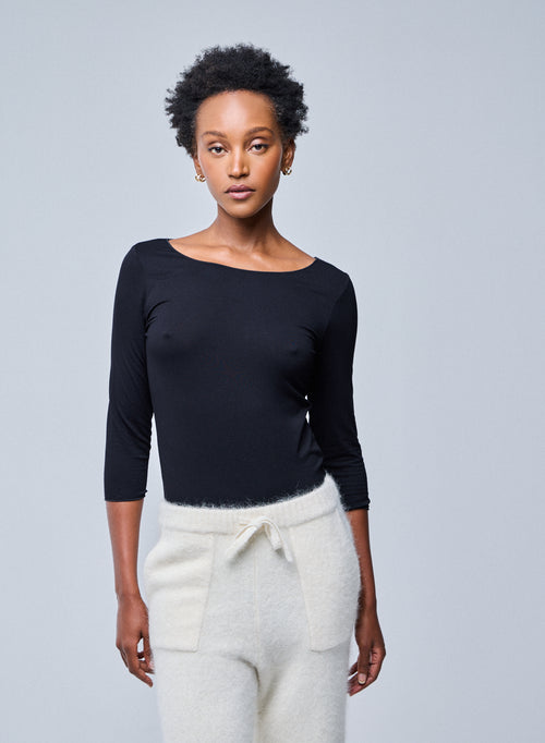 T-shirt Noir Adèle Col Bateau en Viscose et Élasthanne - MAJESTIC FILATURES