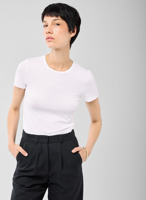 White  Round Neck Short Sleeves T-shirt in Viscose and Elastane   - MAJESTIC FILATURES