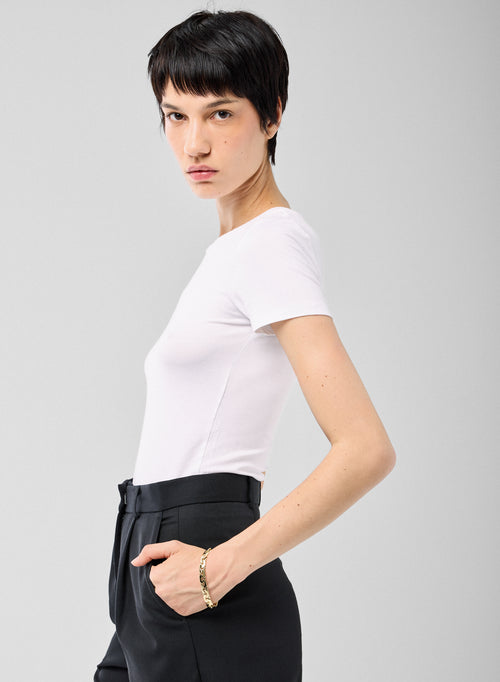 White  Round Neck Short Sleeves T-shirt in Viscose and Elastane   - MAJESTIC FILATURES