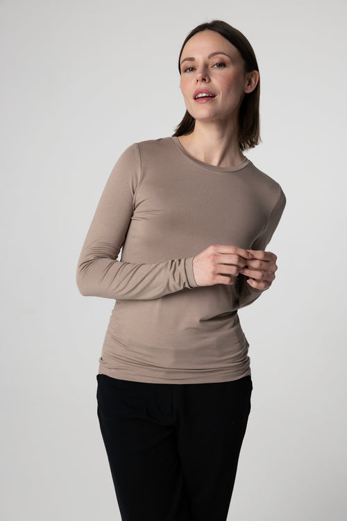T-shirt Beige Col Rond Manches Longues en Viscose / Élasthanne - MAJESTIC FILATURES