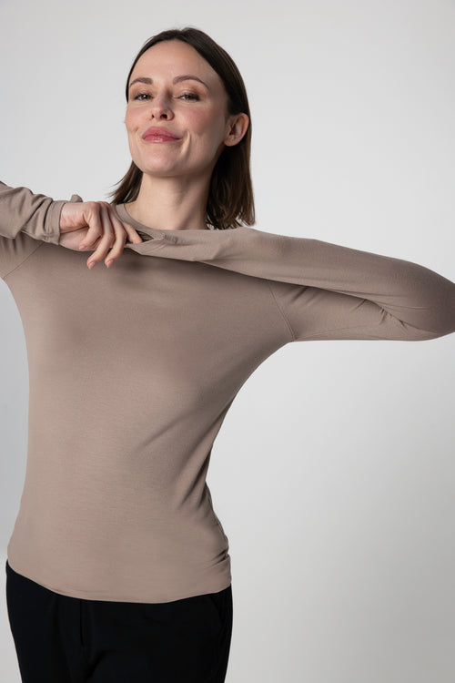 Camiseta marrón de cuello redondo y manga larga de viscosa/elastano - MAJESTIC FILATURES