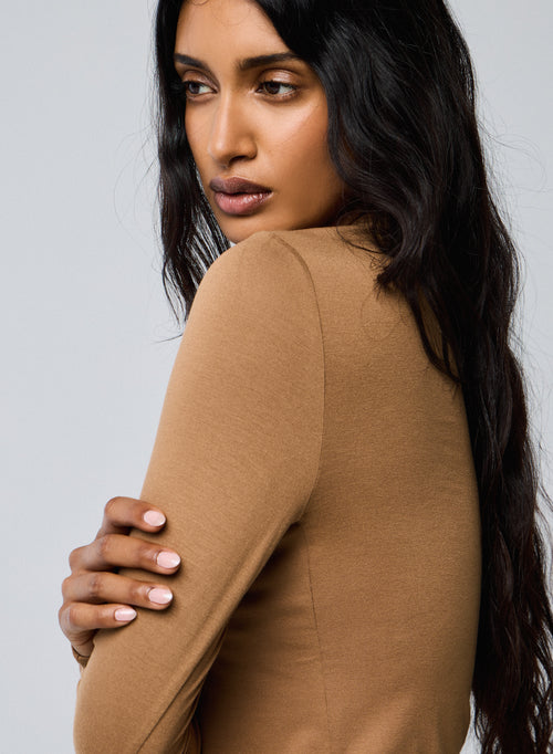 Beige Langarm-T-Shirt mit Rundhalsausschnitt aus Viskose / Elasthan - MAJESTIC FILATURES