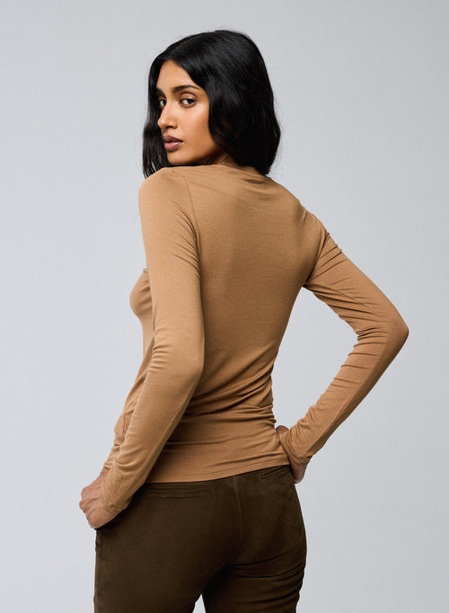 Beige Langarm-T-Shirt mit Rundhalsausschnitt aus Viskose / Elasthan - MAJESTIC FILATURES