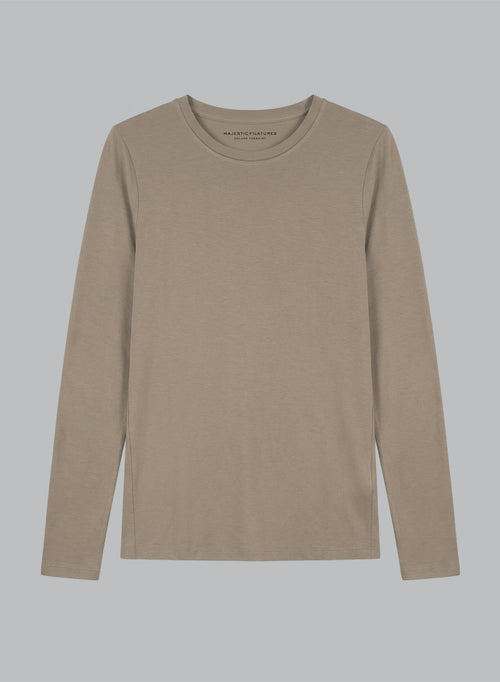 Camiseta marrón de cuello redondo y manga larga de viscosa/elastano - MAJESTIC FILATURES