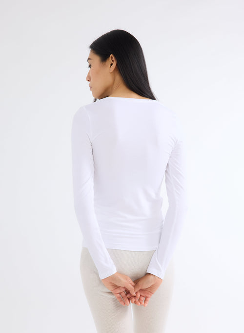 Camiseta blanca de manga larga con cuello en V de viscosa y elastano - MAJESTIC FILATURES