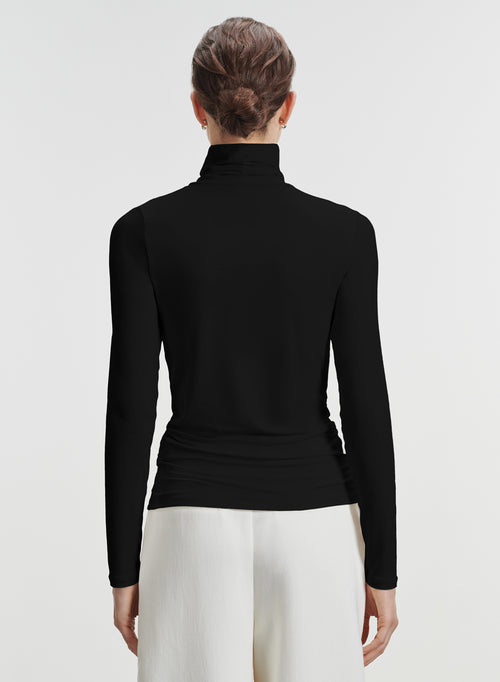 Schwarz T Shirt Rollkragen Lange Ärmel Viskose Elasthan   - MAJESTIC FILATURES