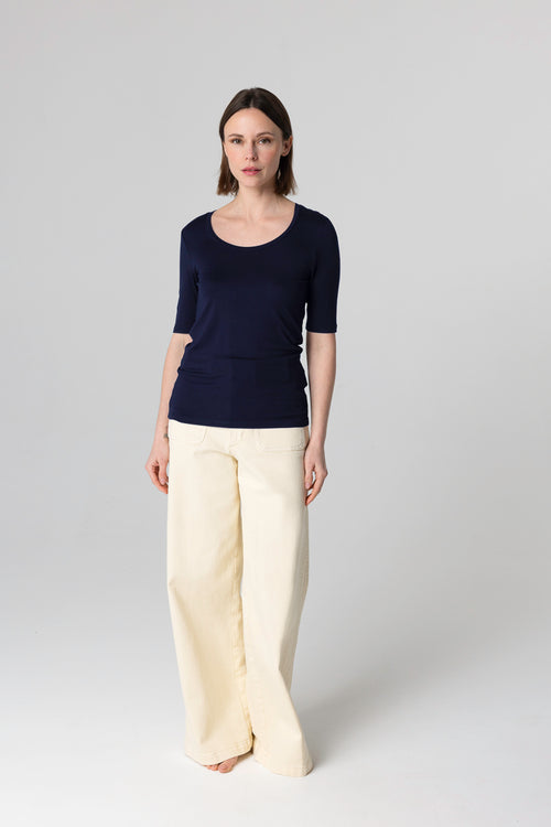T-shirt Marine Col U Manches Coudes en Viscose / Elasthanne - MAJESTIC FILATURES