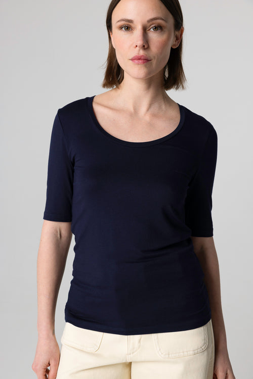 T-shirt Marine Col U Manches Coudes en Viscose / Elasthanne - MAJESTIC FILATURES