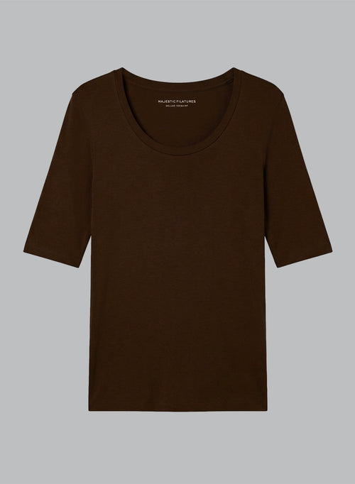 Camiseta marrón oscuro con cuello en U y mangas codos de viscosa/elastano - MAJESTIC FILATURES