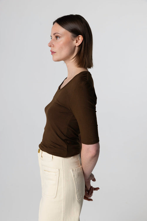 Dark Brown U-Neck Sleeved Elbow Sleeve T-shirt in Viscose / Elastane - MAJESTIC FILATURES