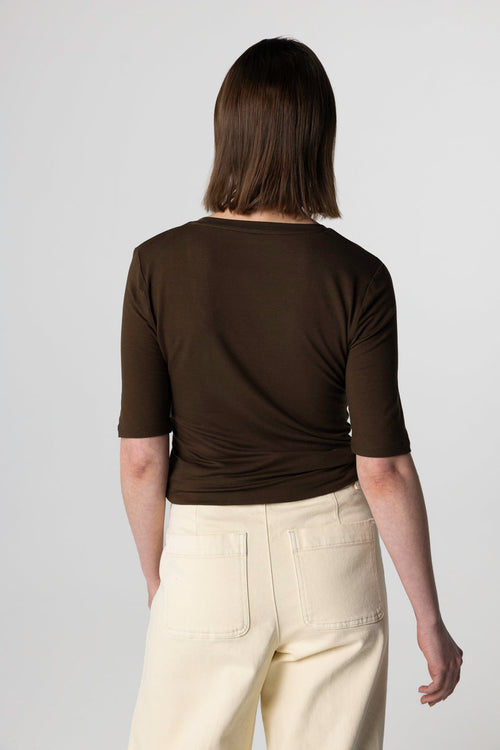 Dark Brown U-Neck Sleeved Elbow Sleeve T-shirt in Viscose / Elastane - MAJESTIC FILATURES