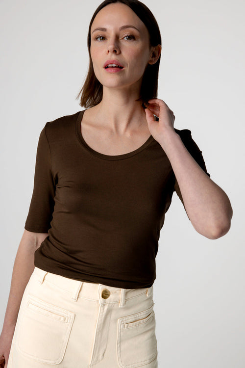 Dark Brown U-Neck Sleeved Elbow Sleeve T-shirt in Viscose / Elastane - MAJESTIC FILATURES