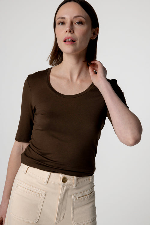 T-shirt Marron Foncé Col U Manches Coudes en Viscose / Elasthanne - MAJESTIC FILATURES
