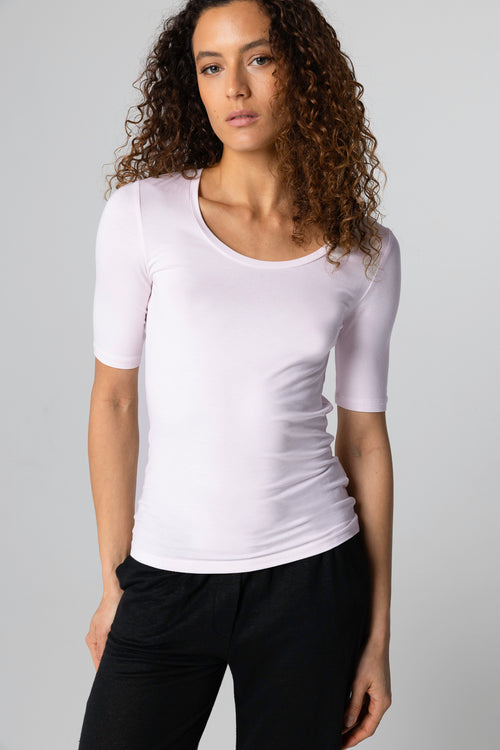 Camiseta rosa con cuello en U y mangas codos en viscosa/elastano - MAJESTIC FILATURES