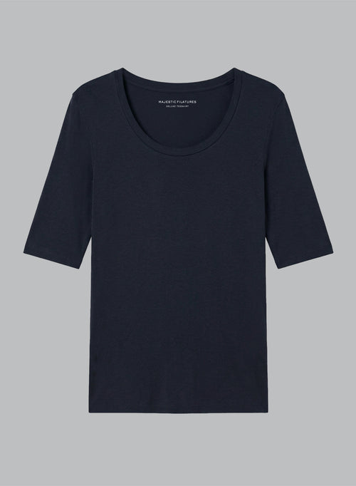 Navy U-Neck Elbow-Length-Sleeve T-shirt in Viscose / Elastane - MAJESTIC FILATURES