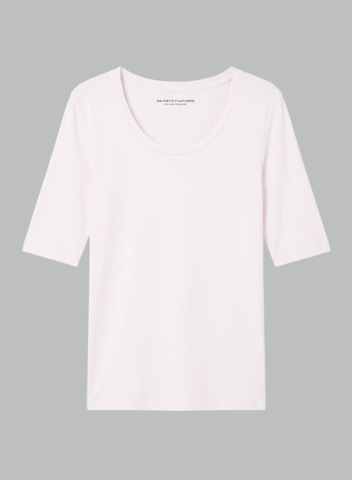 T-Shirt mit U-Ausschnitt und Ellbogenärmeln aus Viskose/Elasthan in Rosa - MAJESTIC FILATURES