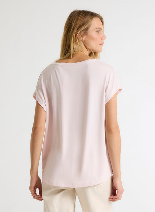 Camiseta rosa de manga corta con cuello en V de viscosa / elastano - MAJESTIC FILATURES