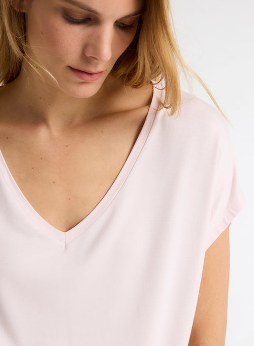 Camiseta rosa de manga corta con cuello en V de viscosa / elastano - MAJESTIC FILATURES