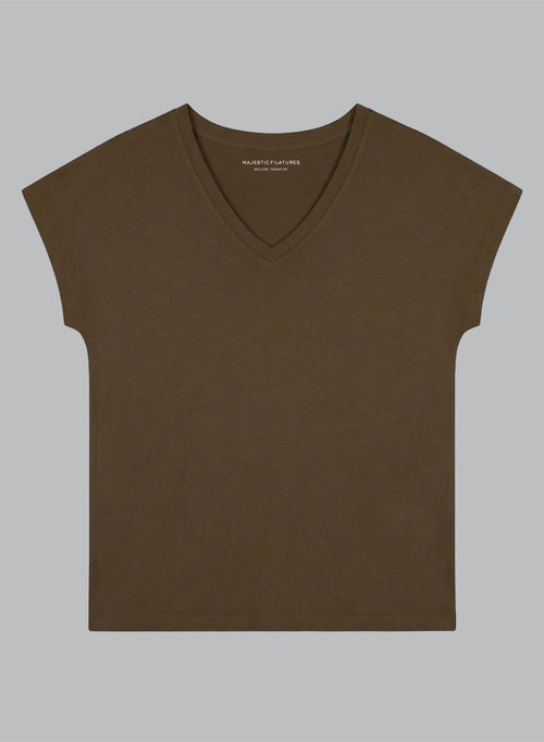 Camiseta marrón oscuro con cuello en V y manga corta de viscosa/elastano - MAJESTIC FILATURES