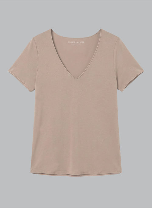 T-shirt Marron Col V Manches Courtes en Viscose / Elasthanne - MAJESTIC FILATURES